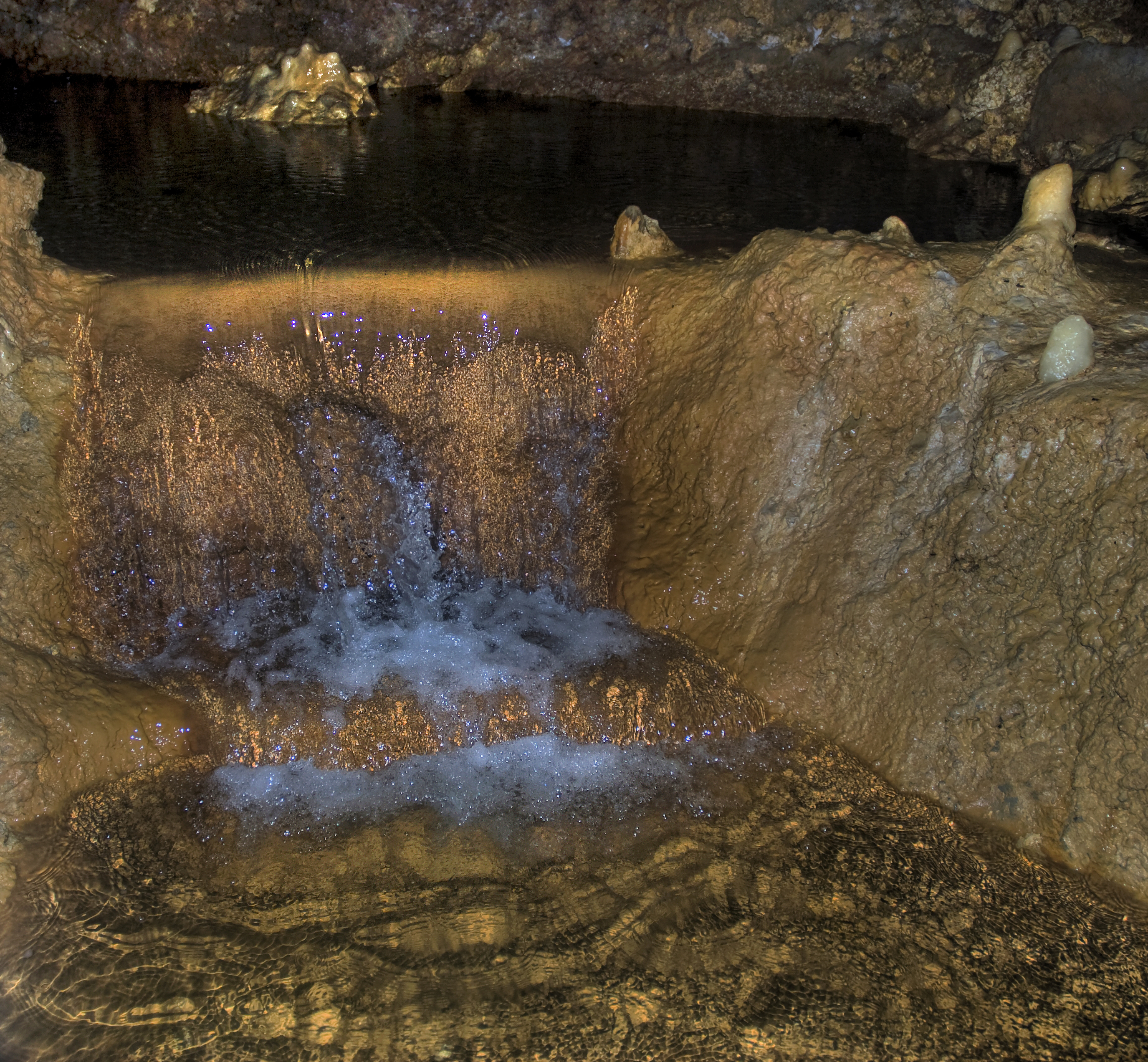 Golden water at Harrison's Cave on Barbados port of call. Image from Wikimedia Commons.